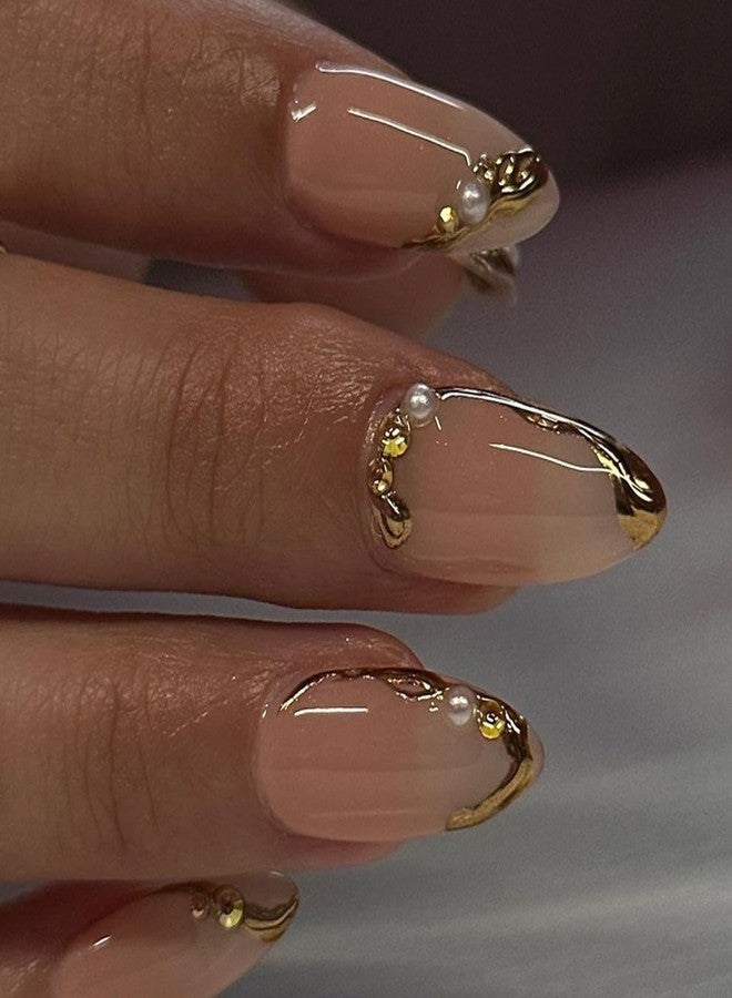 BSBTBZ Chrome Gold Press on Nails Medium Almond Stick on Nails Gold French Tip Fake Nails 3D Gilded False Nails with Pearls Rhinestones Designs Acrylic Nails for Women DIY Manicure Charms Decor Supply 24Pcs - Image 1